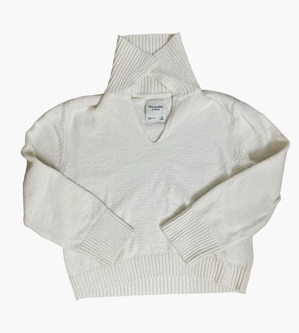 Abercrombie & Fitch Knit V-Neck Pullover Sweater White M Long Sleeve